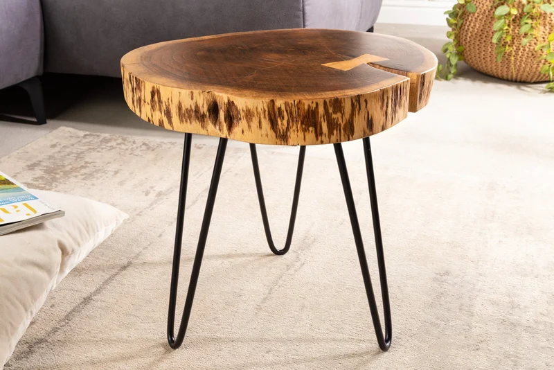 Table d'appoint industrielle GOA 40cm en bois massif d'acacia naturel, pieds ronds en épingle à cheveux