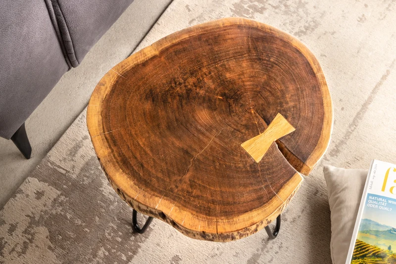 Table d'appoint industrielle GOA 40cm en bois massif d'acacia naturel, pieds ronds en épingle à cheveux
