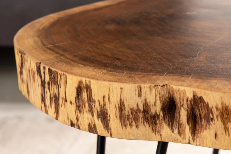 Table d'appoint industrielle GOA 40cm en bois massif d'acacia naturel, pieds ronds en épingle à cheveux