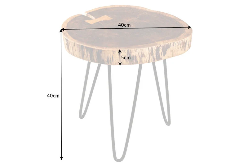Table d'appoint industrielle GOA 40cm en bois massif d'acacia naturel, pieds ronds en épingle à cheveux