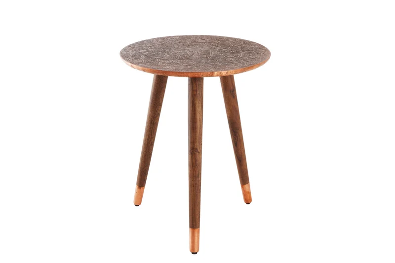 Table d'appoint design ALCAZAR 50cm métal cuivre antique bois de manguier ronde faite main