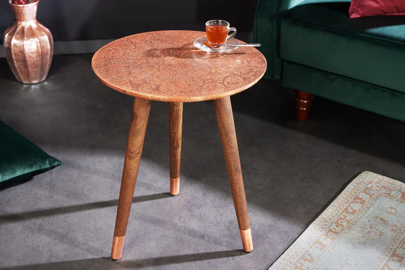 Table d'appoint design ALCAZAR 50cm métal cuivre antique bois de manguier ronde faite main