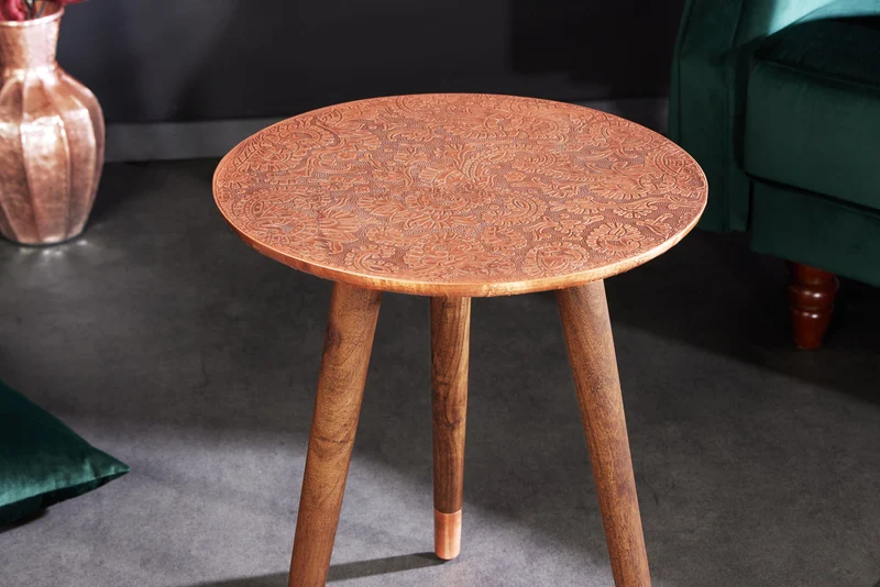 Table d'appoint design ALCAZAR 50cm métal cuivre antique bois de manguier ronde faite main