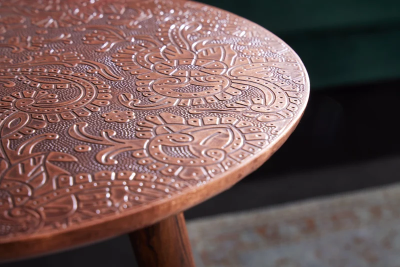 Table d'appoint design ALCAZAR 50cm métal cuivre antique bois de manguier ronde faite main