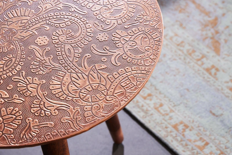 Table d'appoint design ALCAZAR 50cm métal cuivre antique bois de manguier ronde faite main