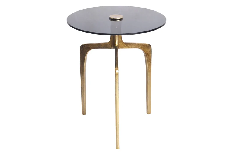 Table d'appoint ronde ABSTRACT 60cm laiton pieds métal doré verre noir fait main