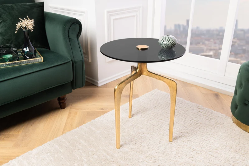 Table d'appoint ronde ABSTRACT 60cm laiton pieds métal doré verre noir fait main