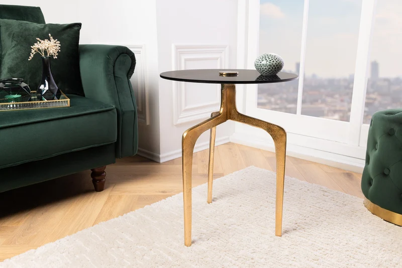 Table d'appoint ronde ABSTRACT 60cm laiton pieds métal doré verre noir fait main