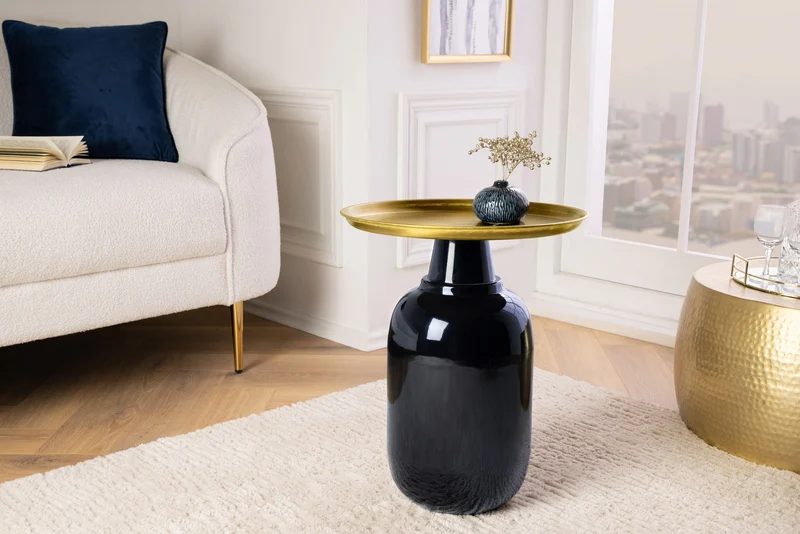 Table d'appoint ronde ELEGANCIA 50cm métal doré antique noir fer fait main