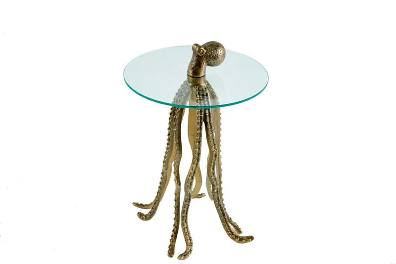 Table d'appoint ronde WILDLIFE OCTOPUS 70cm laiton métal doré sculpture verre fait main