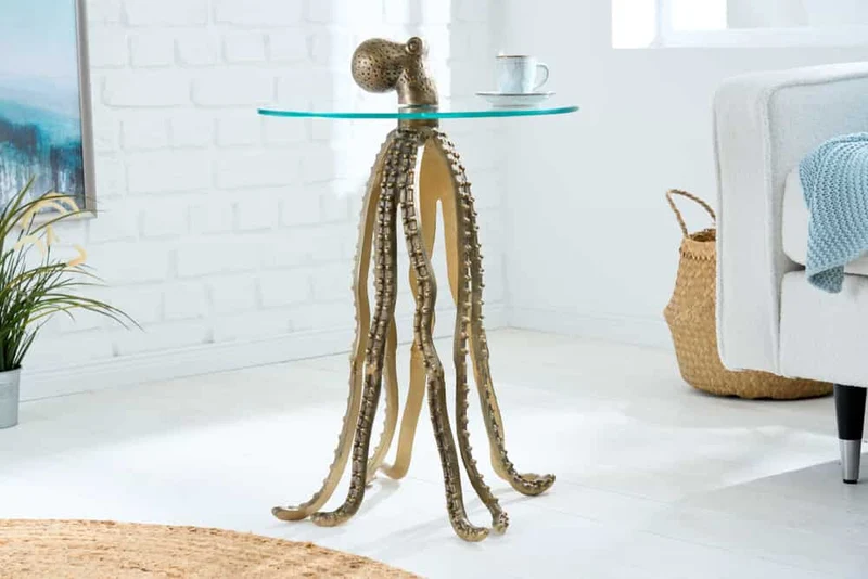 Table d'appoint ronde WILDLIFE OCTOPUS 70cm laiton métal doré sculpture verre fait main