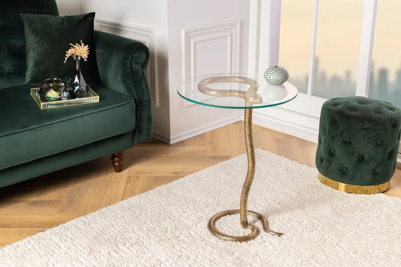Table d'appoint ronde WILDLIFE SNAKE 65cm cuivre métal antique verre fait main
