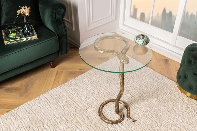 Table d'appoint ronde WILDLIFE SNAKE 65cm cuivre métal antique verre fait main