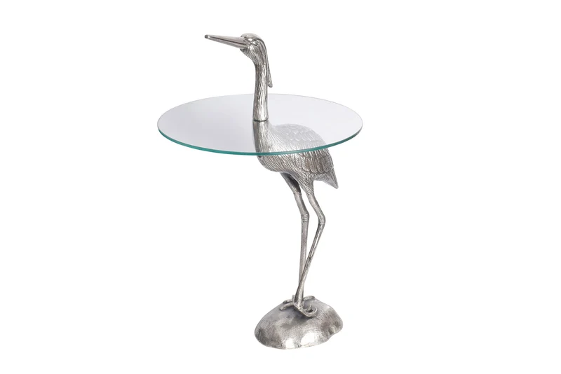 Table d'appoint ronde WILDLIFE HERON 90cm métal argenté verre sculpture héron fait main