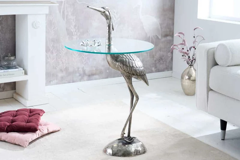 Table d'appoint ronde WILDLIFE HERON 90cm métal argenté verre sculpture héron fait main