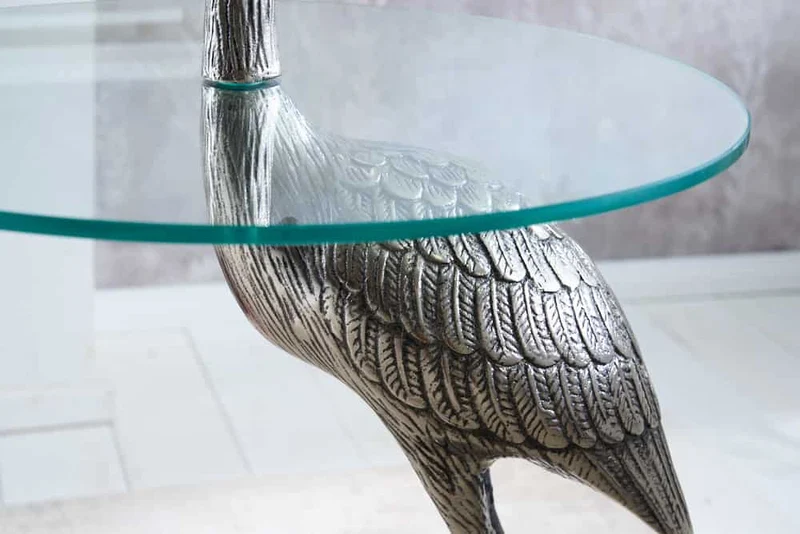 Table d'appoint ronde WILDLIFE HERON 90cm métal argenté verre sculpture héron fait main