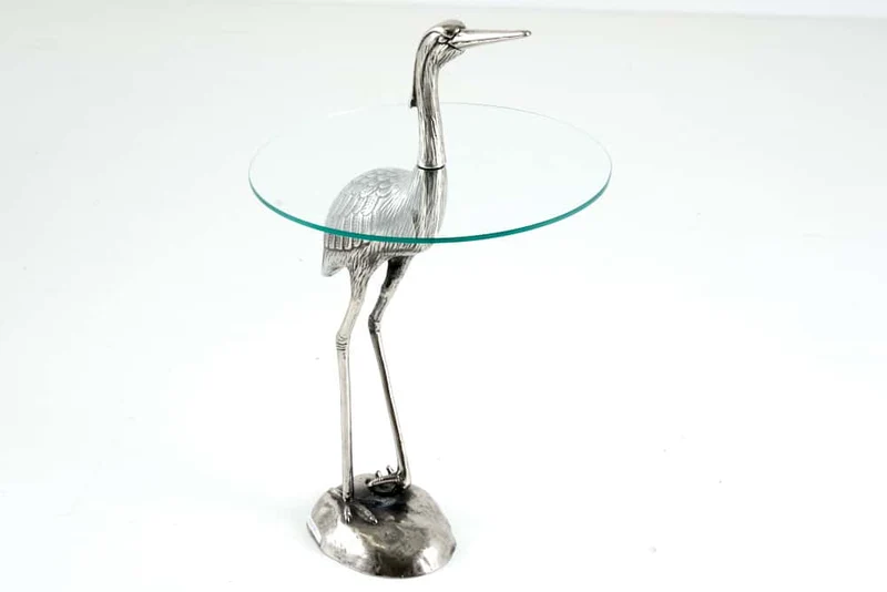 Table d'appoint ronde WILDLIFE HERON 90cm métal argenté verre sculpture héron fait main