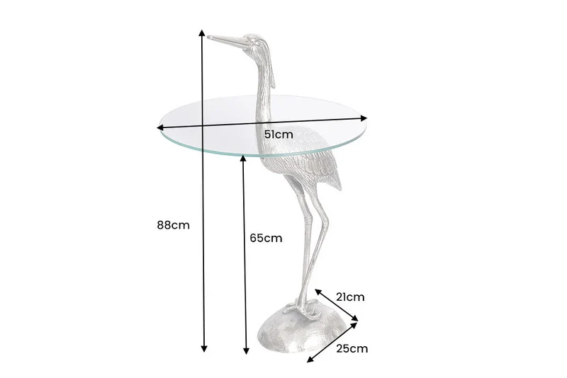 Table d'appoint ronde WILDLIFE HERON 90cm métal argenté verre sculpture héron fait main