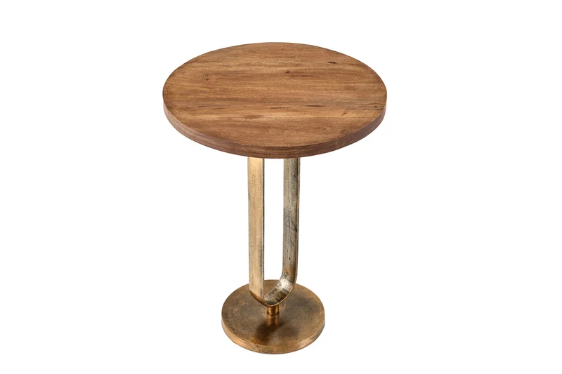 Table d'appoint ronde ELEGANCE 60cm laiton bois de manguier métal aluminium massif fait main