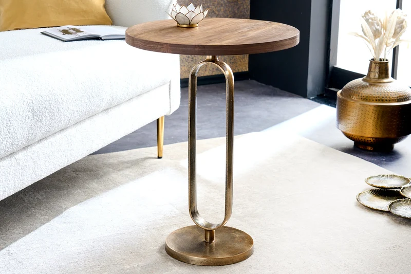 Table d'appoint ronde ELEGANCE 60cm laiton bois de manguier métal aluminium massif fait main