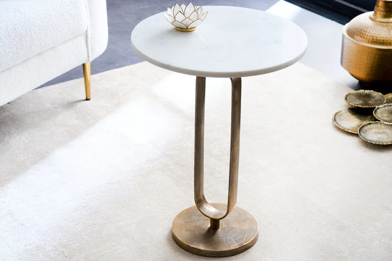 Table d'appoint ronde ELEGANCE 60cm or blanc marbre antique métal aluminium fait main