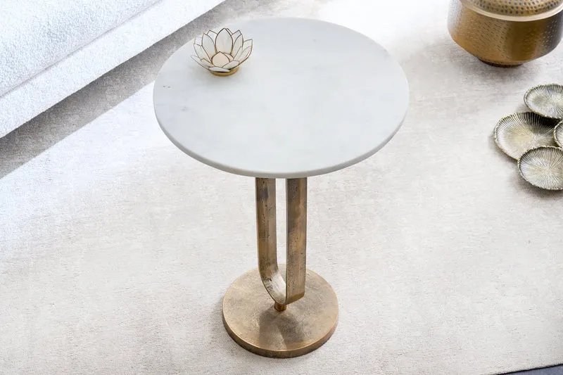 Table d'appoint ronde ELEGANCE 60cm or blanc marbre antique métal aluminium fait main