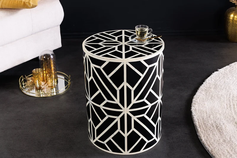 Table d'appoint ronde en marqueterie d'os HARMONY NATURE 45 cm, noire et blanche, fabriquée à la main