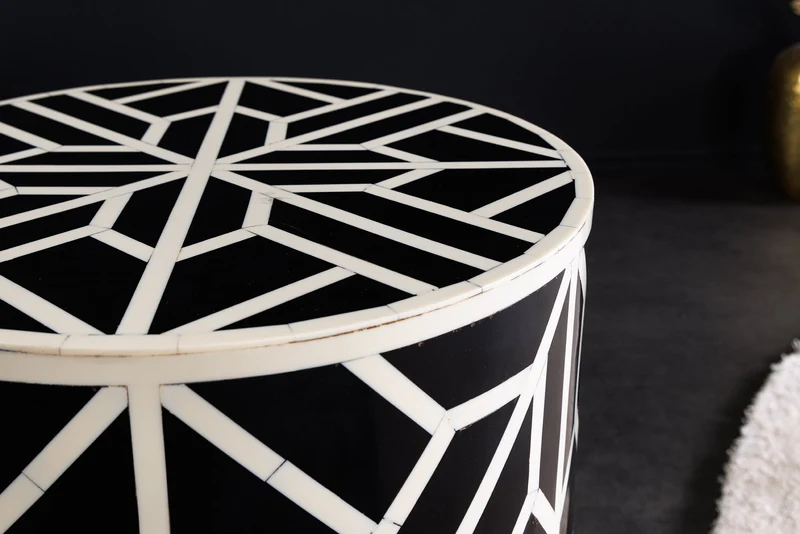 Table d'appoint ronde en marqueterie d'os HARMONY NATURE 45 cm, noire et blanche, fabriquée à la main