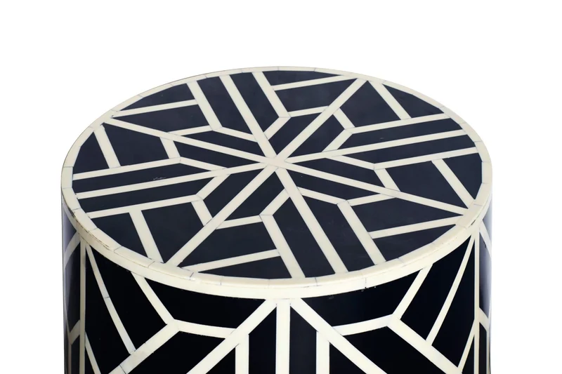 Table d'appoint ronde en marqueterie d'os HARMONY NATURE 45 cm, noire et blanche, fabriquée à la main