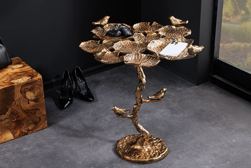 Table d'appoint intérieure et extérieure BIRDS 65 cm en laiton antique, design feuille, sculpture d'oiseau résistante aux intempéries