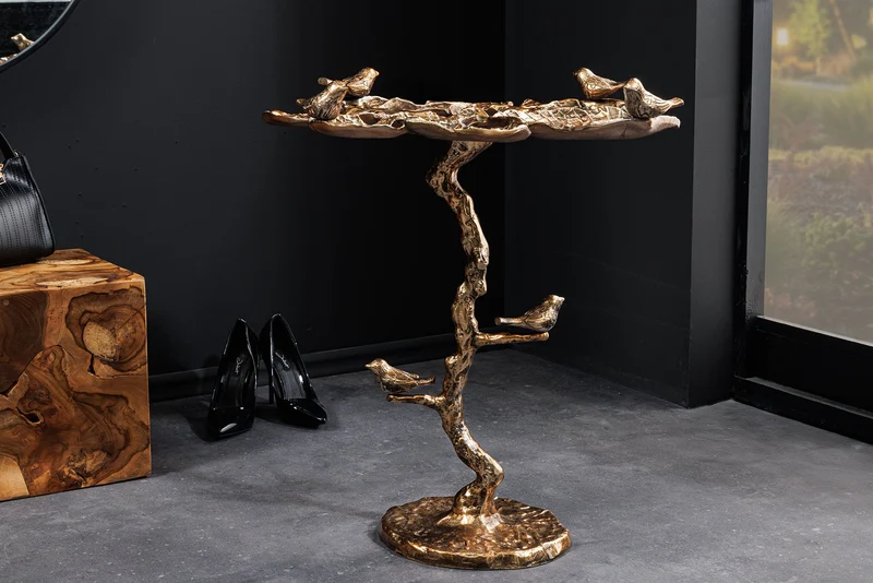 Table d'appoint intérieure et extérieure BIRDS 65 cm en laiton antique, design feuille, sculpture d'oiseau résistante aux intempéries