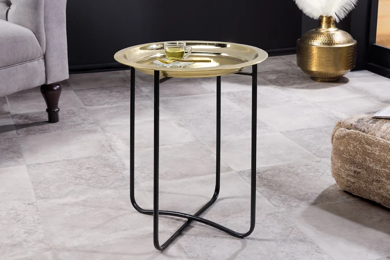 Table d'appoint ronde CASABLANCA 50cm laiton doré noir plateau amovible pliable