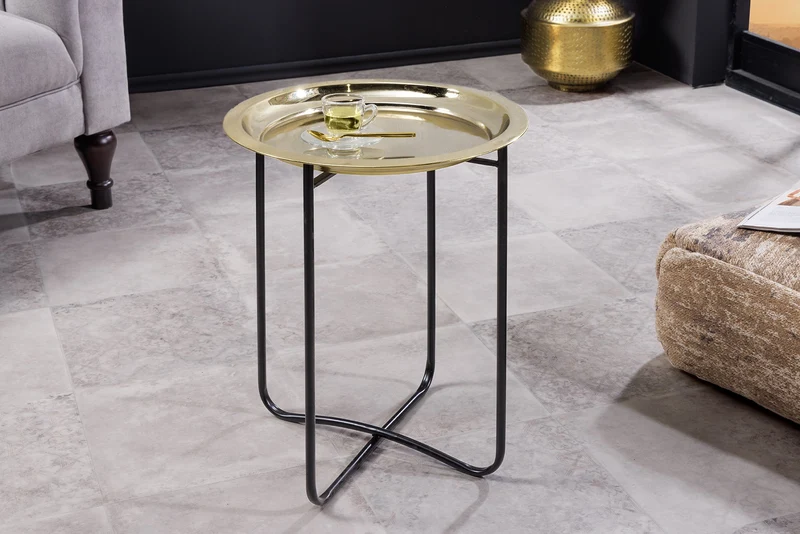 Table d'appoint ronde CASABLANCA 50cm laiton doré noir plateau amovible pliable