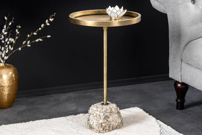 Table d'appoint TRAYFUL 60 cm, faite à la main, en laiton antique, fer et base en marbre naturel