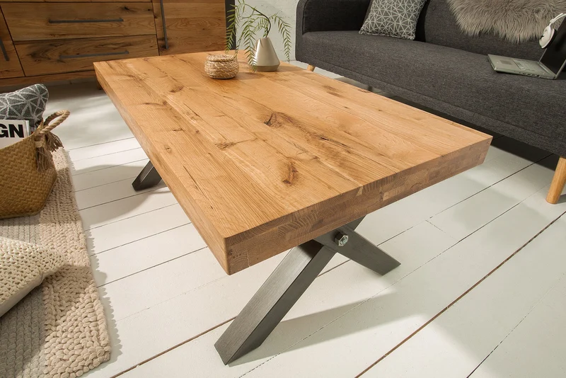 Table basse en bois massif THOR 110cm chêne sauvage huilé structure en X métal anthracite Design industriel
