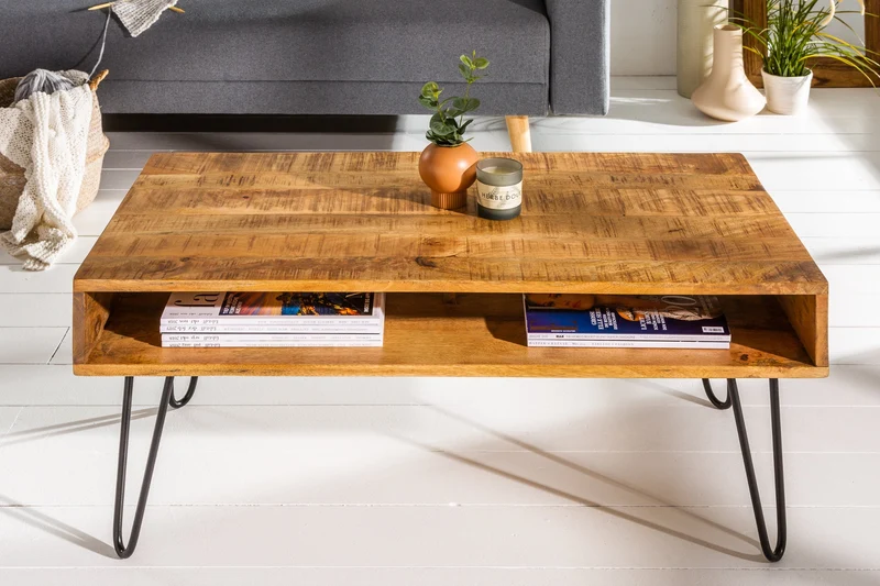 Table basse massive SCORPION 100cm en bois de manguier naturel pieds épingles en métal avec étagère