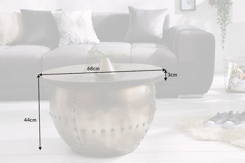 Table basse ronde DRUMP STORAGE 70cm gris argent en bois de manguier massif avec espace de rangement fait main