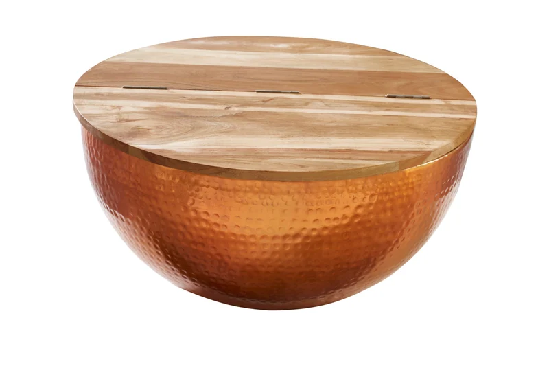 Table basse ronde ORIENT STORAGE 60cm en bois d'acacia martelé cuivré fait main avec espace de rangement