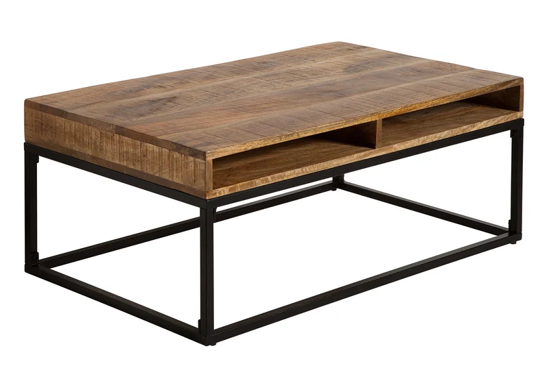 Table basse massive IRON CRAFT 100cm en bois de manguier avec tiroir structure en métal noir
