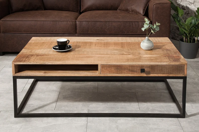 Table basse massive IRON CRAFT 100cm en bois de manguier avec tiroir structure en métal noir