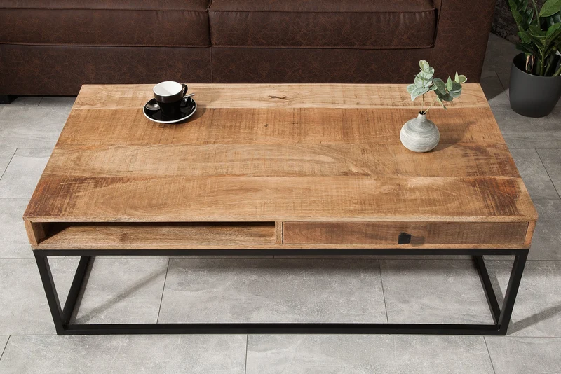 Table basse massive IRON CRAFT 100cm en bois de manguier avec tiroir structure en métal noir