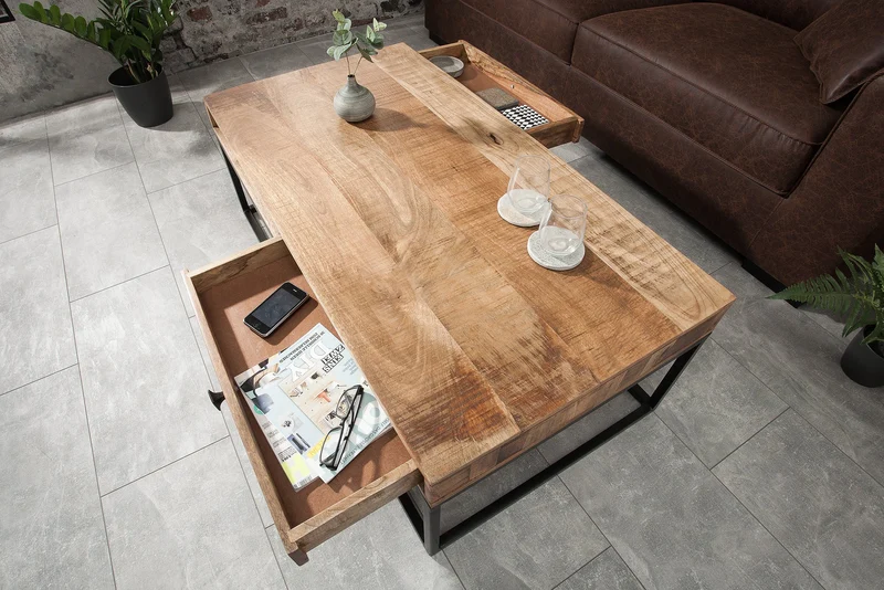 Table basse massive IRON CRAFT 100cm en bois de manguier avec tiroir structure en métal noir