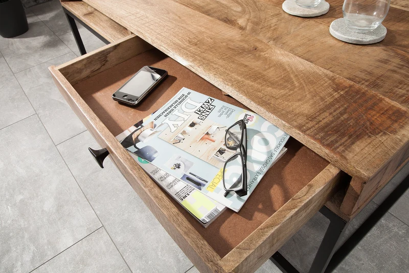 Table basse massive IRON CRAFT 100cm en bois de manguier avec tiroir structure en métal noir