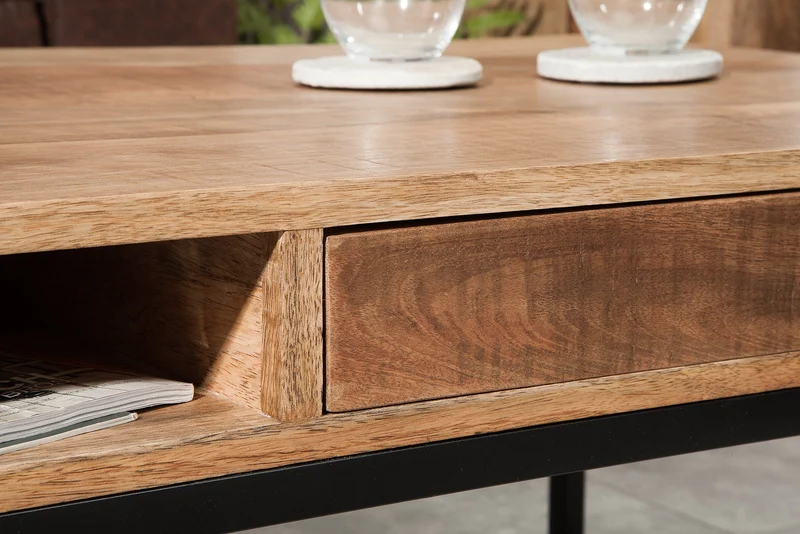 Table basse massive IRON CRAFT 100cm en bois de manguier avec tiroir structure en métal noir