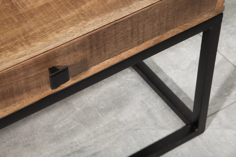 Table basse massive IRON CRAFT 100cm en bois de manguier avec tiroir structure en métal noir
