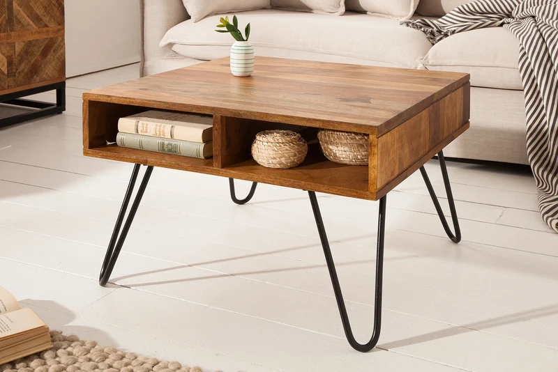 Table basse en bois massif SCORPION 60cm marron Finition pierre de Sheesham Espace de rangement Pieds épingles
