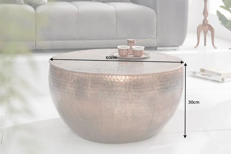 Table basse ronde ORIENT II 60cm en métal flammé cuivré martelé design fait main
