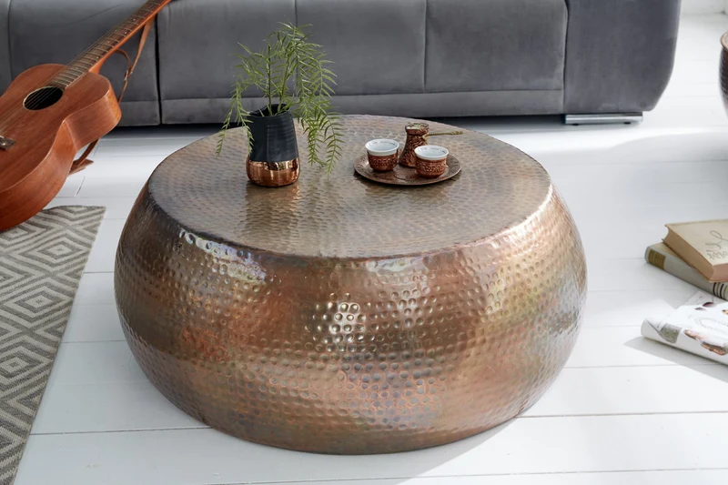 Table basse ronde ORIENT 80cm cuivre flammé métal martelé design fait main