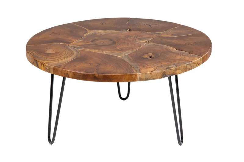 Table basse ronde en bois massif MOSAIC 70cm teck naturel pieds épingles métal noir fait main