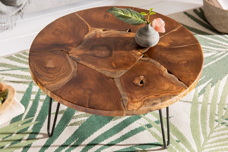 Table basse ronde en bois massif MOSAIC 70cm teck naturel pieds épingles métal noir fait main